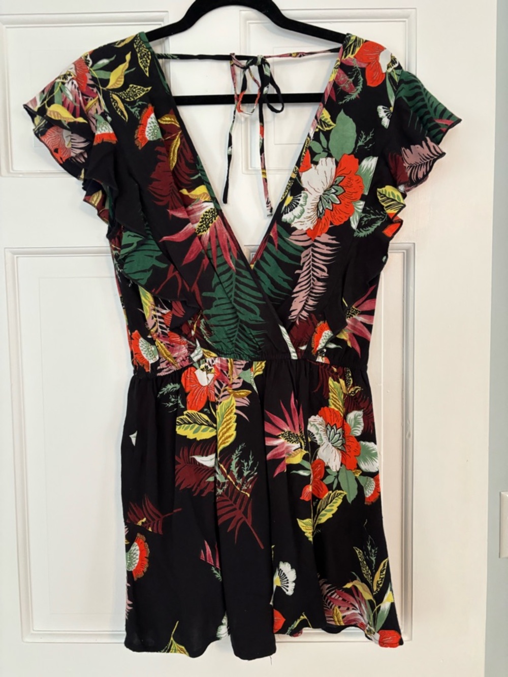 Black Floral V-Neck Romper with Tropical Print